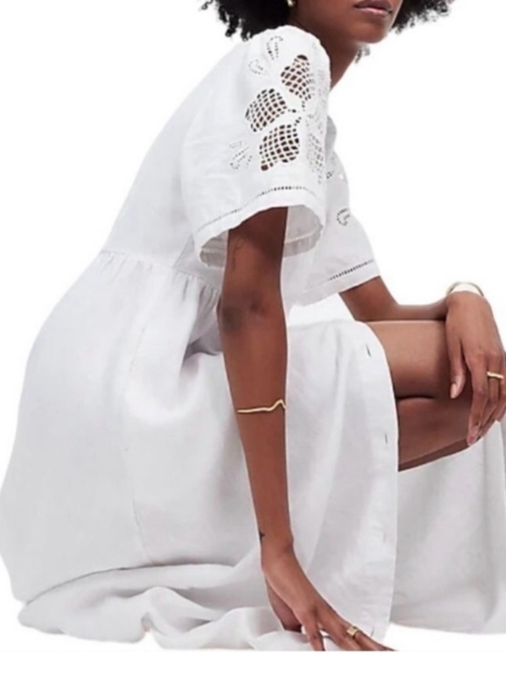 Madewell White Button-Front Eyelet-Sleeve Midi Dress - Picture 5 of 8